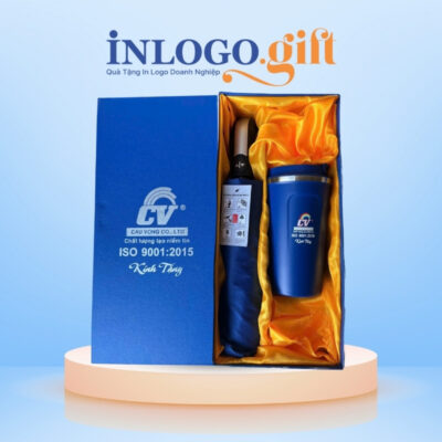 Bộ giftset in logo gồm ly giữ nhiệt và ô dù gấp 3 tự động 1 chiều BGS-37