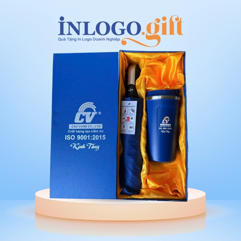 Bộ giftset in logo gồm ly giữ nhiệt và ô dù gấp 3 tự động 1 chiều BGS-37