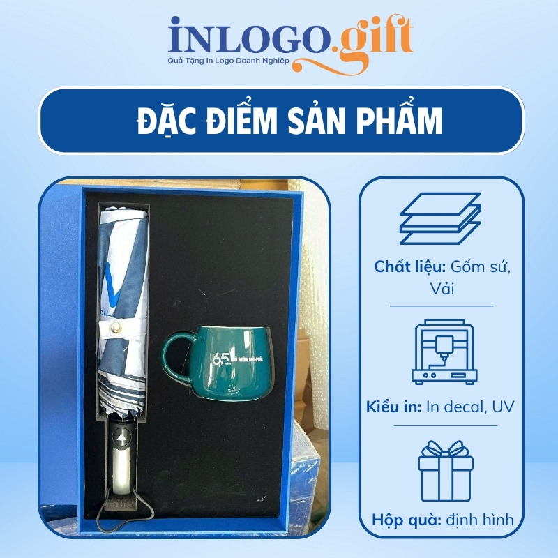 Bộ giftset in logo ly sứ và ô dù gấp 3 tự động 1 chiều BGS-10