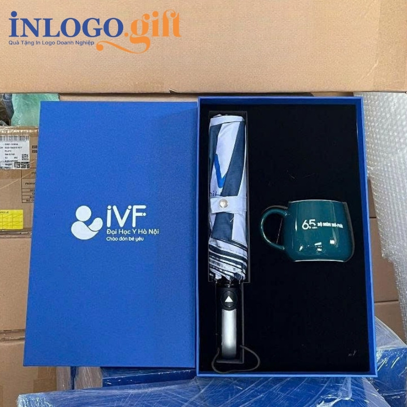 Bộ giftset in logo ly sứ và ô dù gấp 3 tự động 1 chiều BGS-10