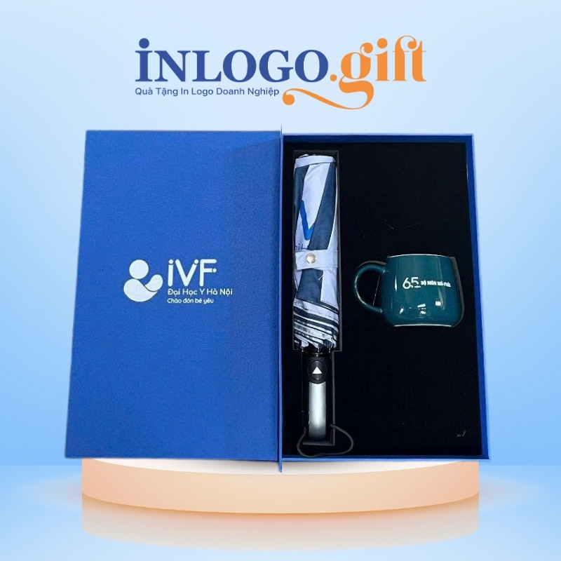 Bộ giftset in logo ly sứ và ô dù gấp 3 tự động 1 chiều BGS-10