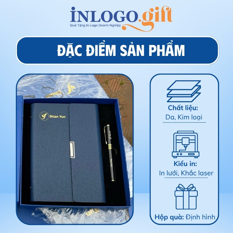 Bộ giftset in logo gồm sổ còng và bút kí