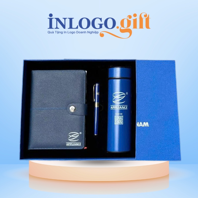 Bộ giftset in logo gồm sổ da, bút kí và bình giữ nhiệt