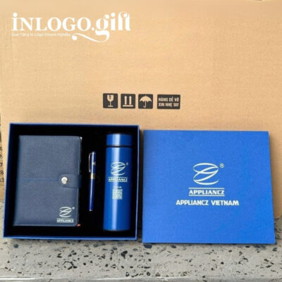 Bộ giftset in logo gồm sổ da, bút kí và bình giữ nhiệt