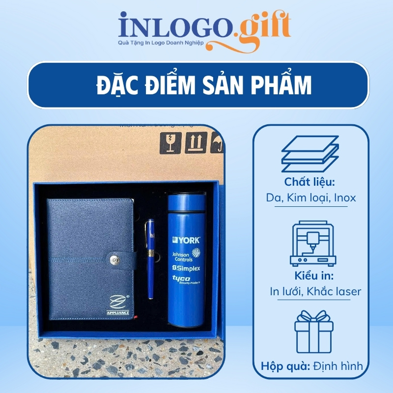 Bộ giftset in logo gồm sổ da, bút kí và bình giữ nhiệt