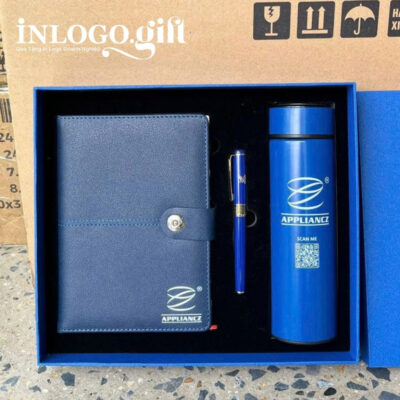 Bộ giftset in logo gồm sổ da, bút kí và bình giữ nhiệt