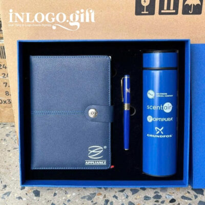Bộ giftset in logo gồm sổ da, bút kí và bình giữ nhiệt