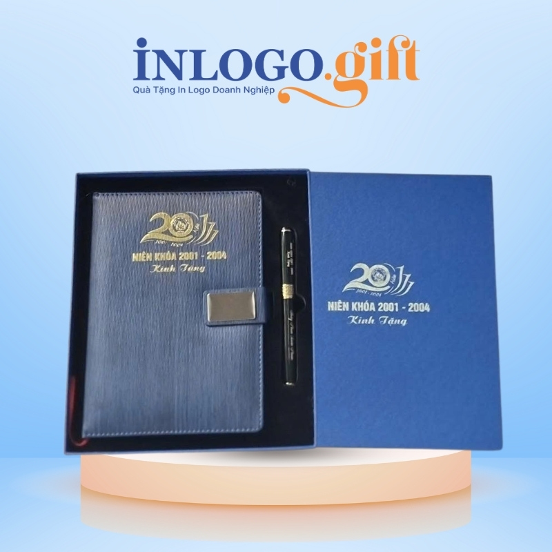 Bộ giftset in logo sổ da dán gáy và bút kí
