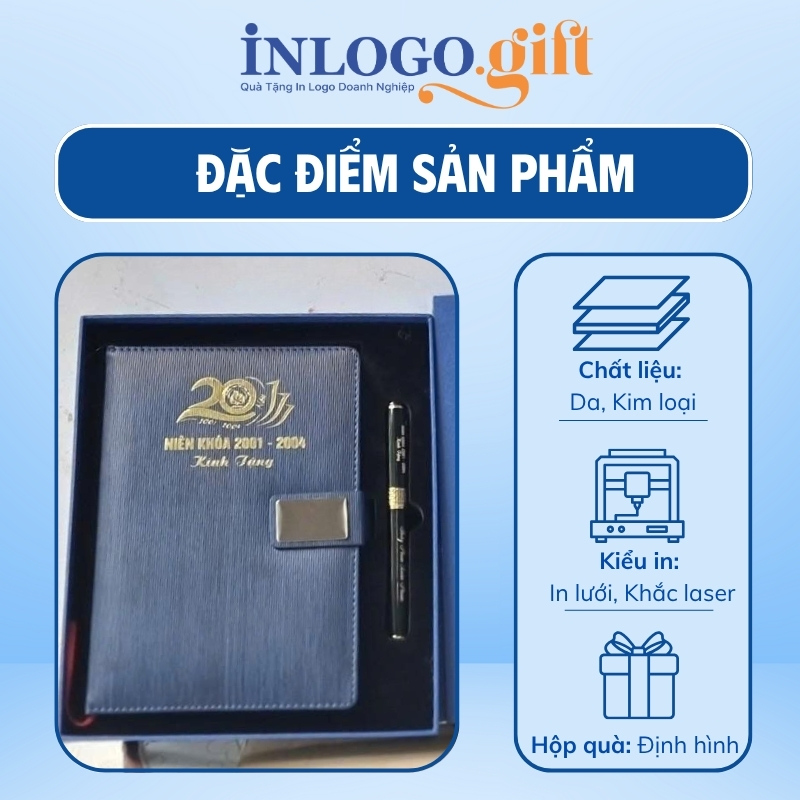Bộ giftset in logo sổ da dán gáy và bút kí