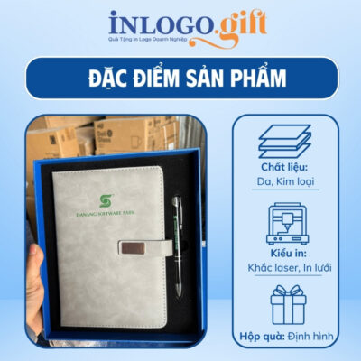 Bộ giftset in logo sổ da dán gáy và bút kí