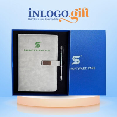 Bộ giftset in logo sổ da dán gáy và bút kí