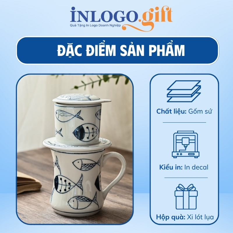 Bộ phin pha cafe sứ in logo dáng cao họa tiết đàn cá