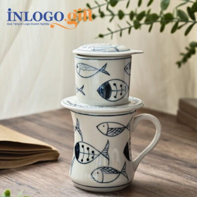Bộ phin pha cafe sứ in logo dáng cao họa tiết đàn cá