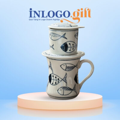 Bộ phin pha cafe sứ in logo dáng cao họa tiết đàn cá