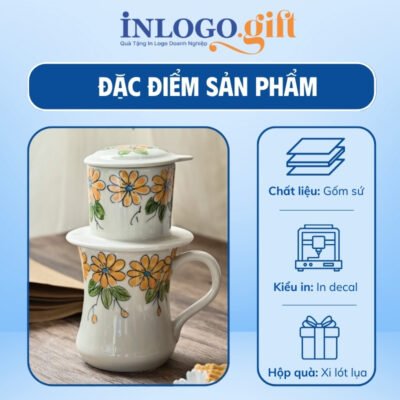 Bộ phin pha cafe sứ in logo dáng cao họa tiết vẽ tay hoa màu cam