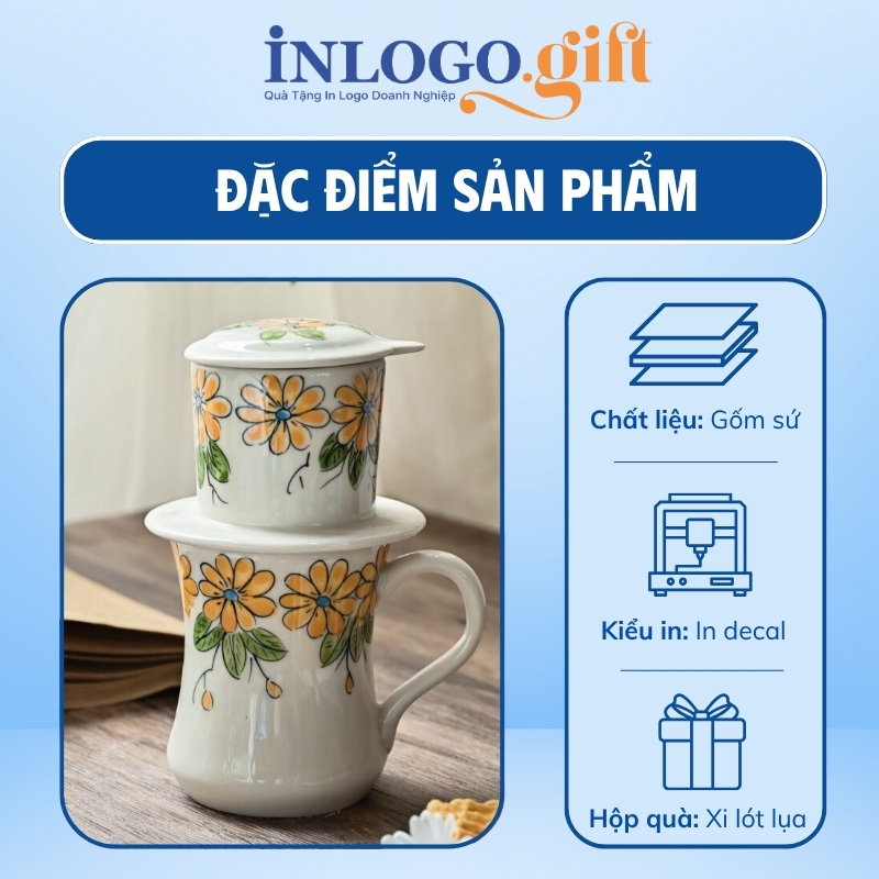 Bộ phin pha cafe sứ in logo dáng cao họa tiết vẽ tay hoa màu cam