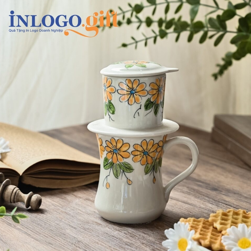 Bộ phin pha cafe sứ in logo dáng cao họa tiết vẽ tay hoa màu cam