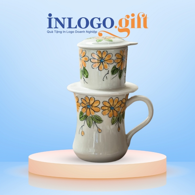 Bộ phin pha cafe sứ in logo dáng cao họa tiết vẽ tay hoa màu cam