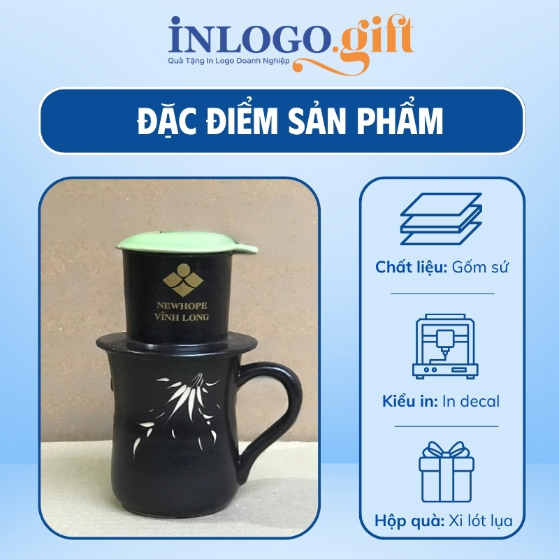 Bộ phin pha cafe sứ in logo dáng cao màu đen và xanh lá