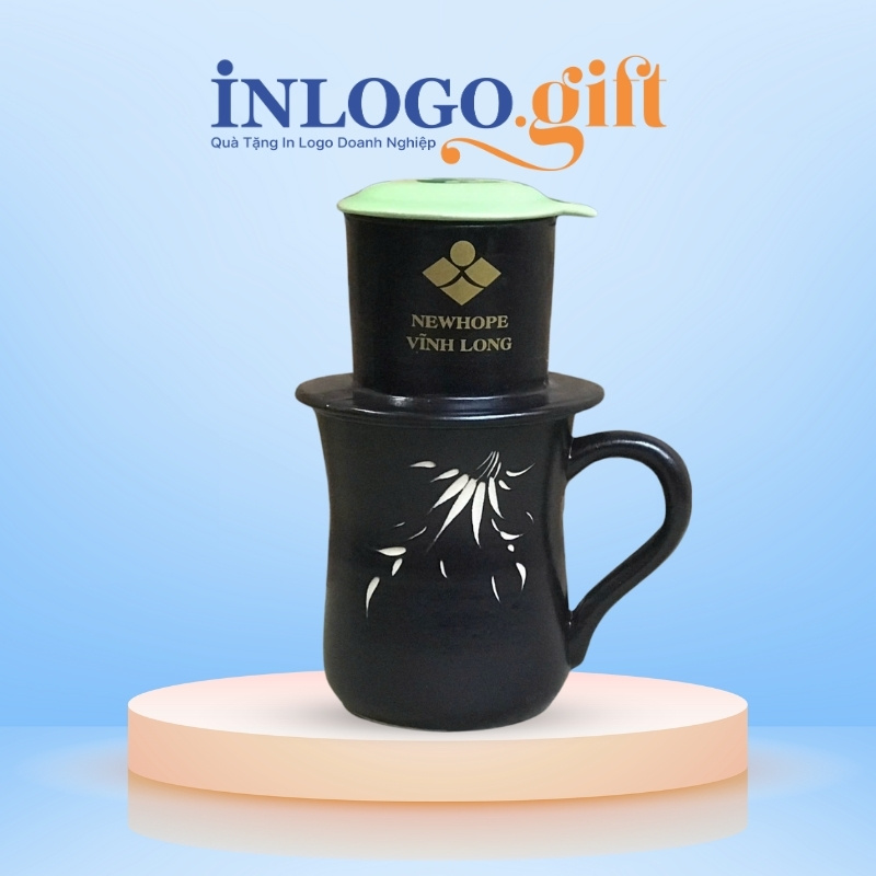 Bộ phin pha cafe sứ in logo dáng cao màu đen và xanh lá
