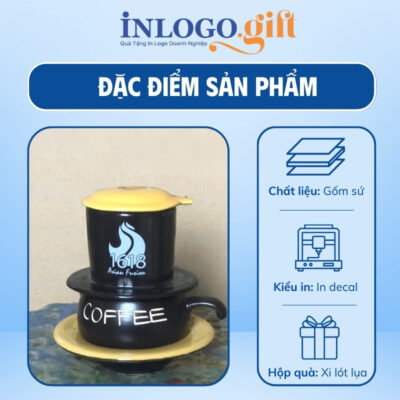 Bộ phin pha cafe sứ in logo dáng lùn màu đen và vàng