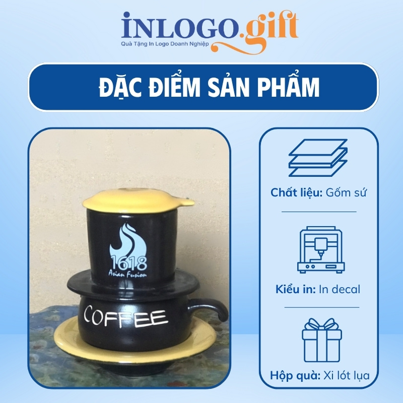 Bộ phin pha cafe sứ in logo dáng lùn màu đen và vàng