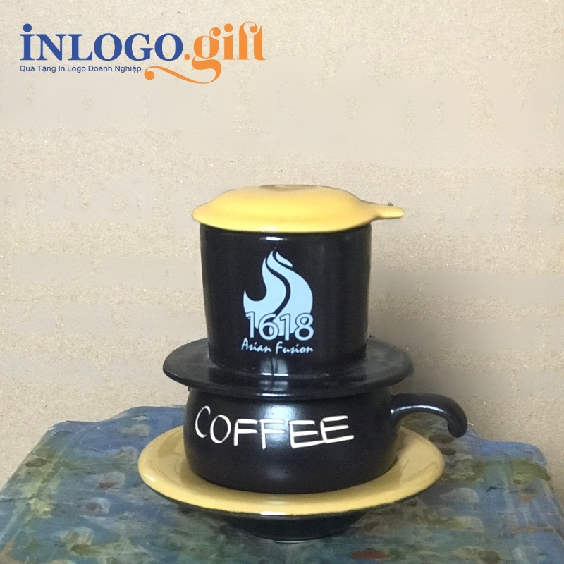 Bộ phin pha cafe sứ in logo dáng lùn màu đen và vàng