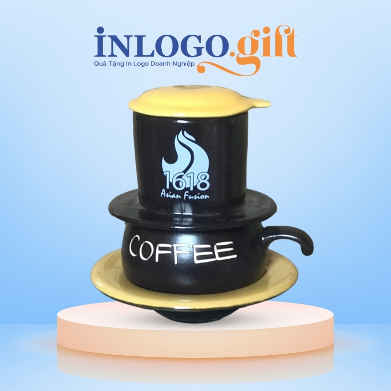 Bộ phin pha cafe sứ in logo dáng lùn màu đen và vàng