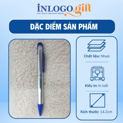Bút bi in logo màu bạc và xanh dương kích thước 14.2cm
