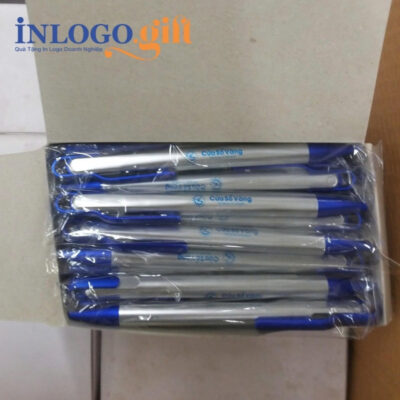 Bút bi in logo màu bạc và xanh dương kích thước 14.2cm