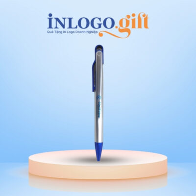 Bút bi in logo màu bạc và xanh dương kích thước 14.2cm