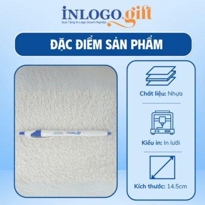 Bút bi in logo màu trắng và xanh dương kích thước 14.5cm
