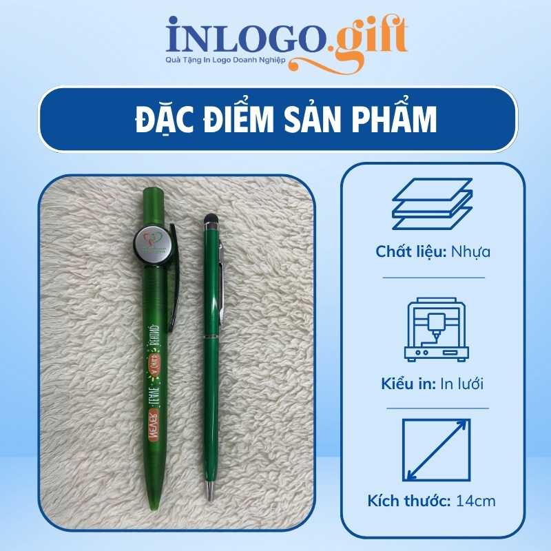 Bút bi in logo màu xanh lá kích thước 14cm