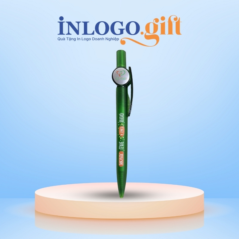Bút bi in logo màu xanh lá kích thước 14cm