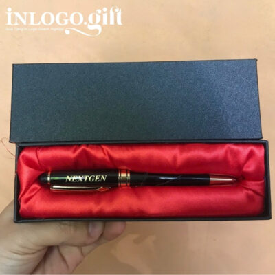 Bút ký in logo xoáy khoen cài vàng màu đen BK-02