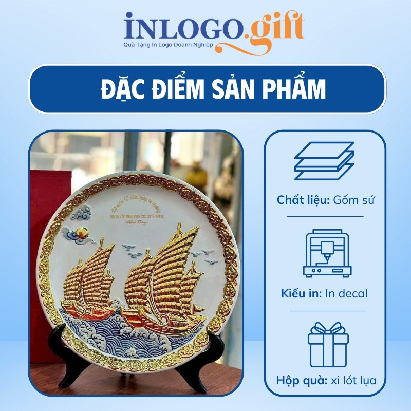 Đĩa biểu trưng in logo kèm đế gỗ họa tiết cánh buồm phi 32cm ĐBT-08