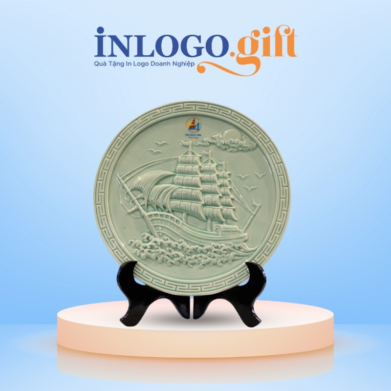 Đĩa biểu trưng in logo kèm đế gỗ phi 32 màu xanh ngọc nhạt ĐBT-03