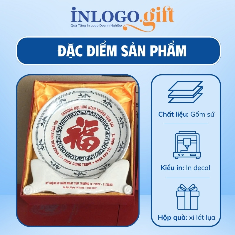 Đĩa biểu trưng in logo kèm đế sứ màu trắng phi 22cm ĐBT-09