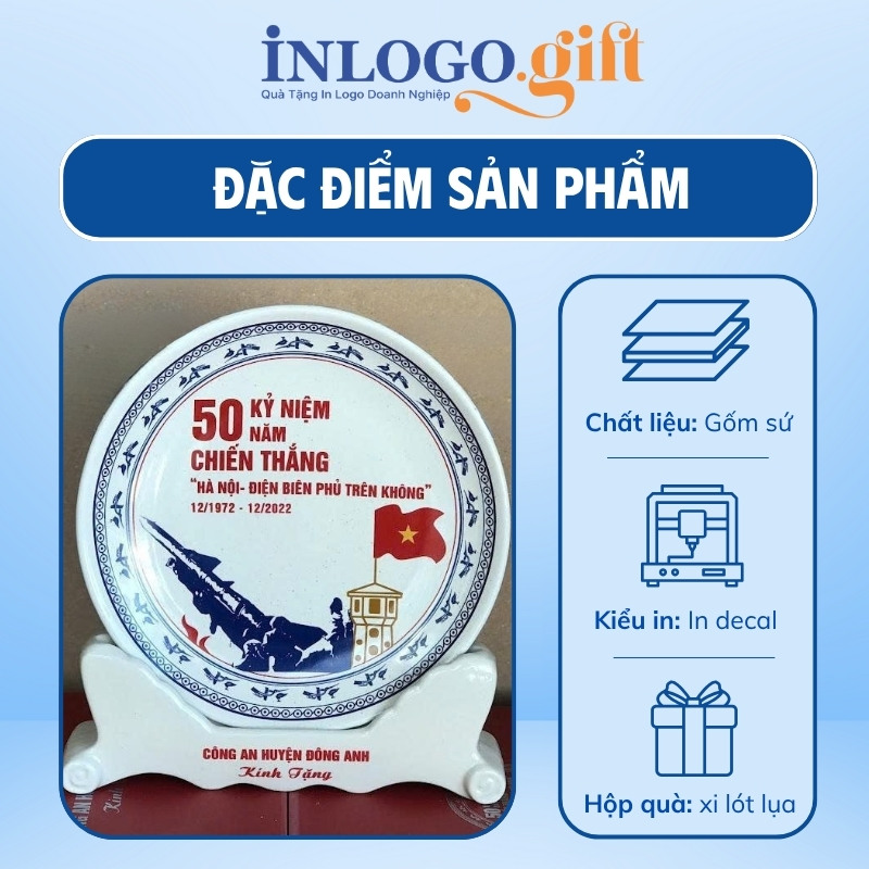 Đĩa biểu trưng in logo kèm đế sứ màu trắng phi 24cm ĐBT-10