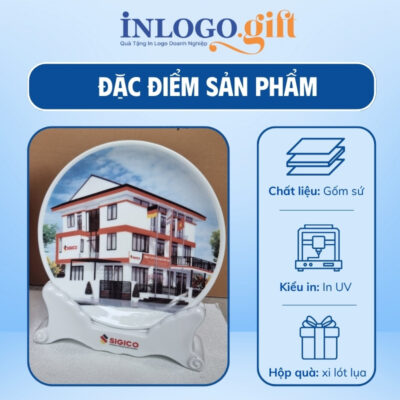 Đĩa biểu trưng in logo kèm đế sứ phi 22 màu trắng ĐBT-01