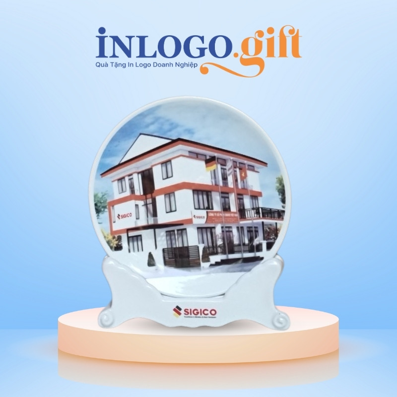 Đĩa biểu trưng in logo kèm đế sứ phi 22 màu trắng ĐBT-01
