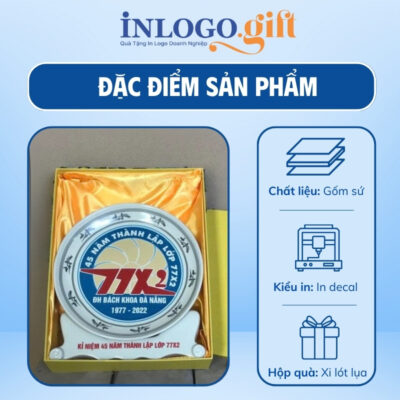 Đĩa biểu trưng in logo kèm đế sứ màu trắng phi 22cm