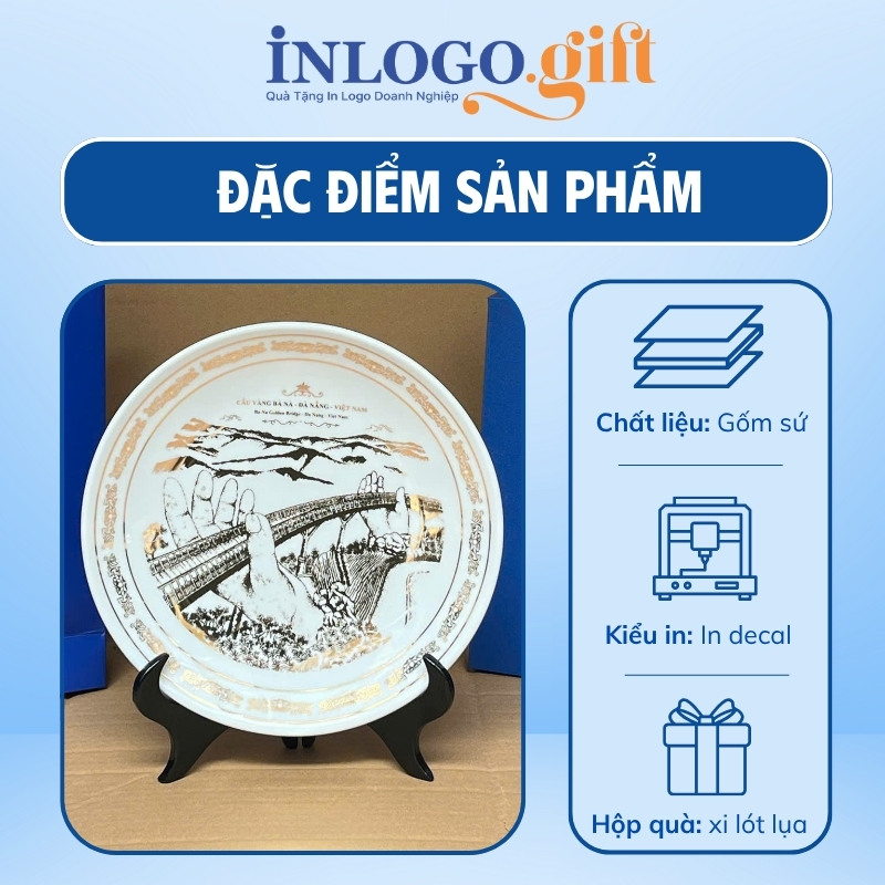 Đĩa biểu trưng in logo màu trắng họa tiết cầu vàng phi 18cm ĐBT-06