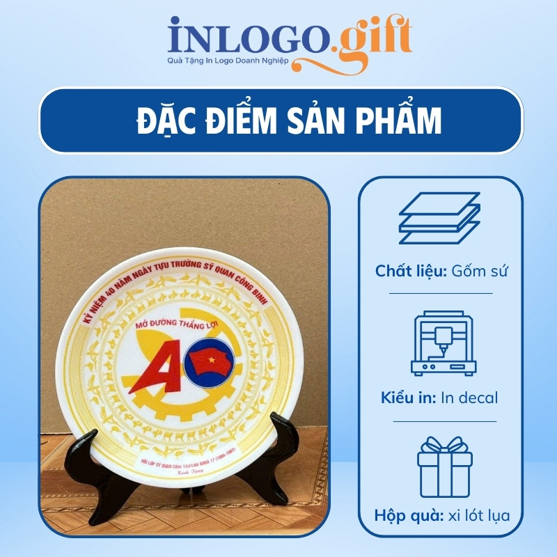 Đĩa biểu trưng in logo màu trắng họa tiết trống đồng Đông Sơn phi 18cm ĐBT-07