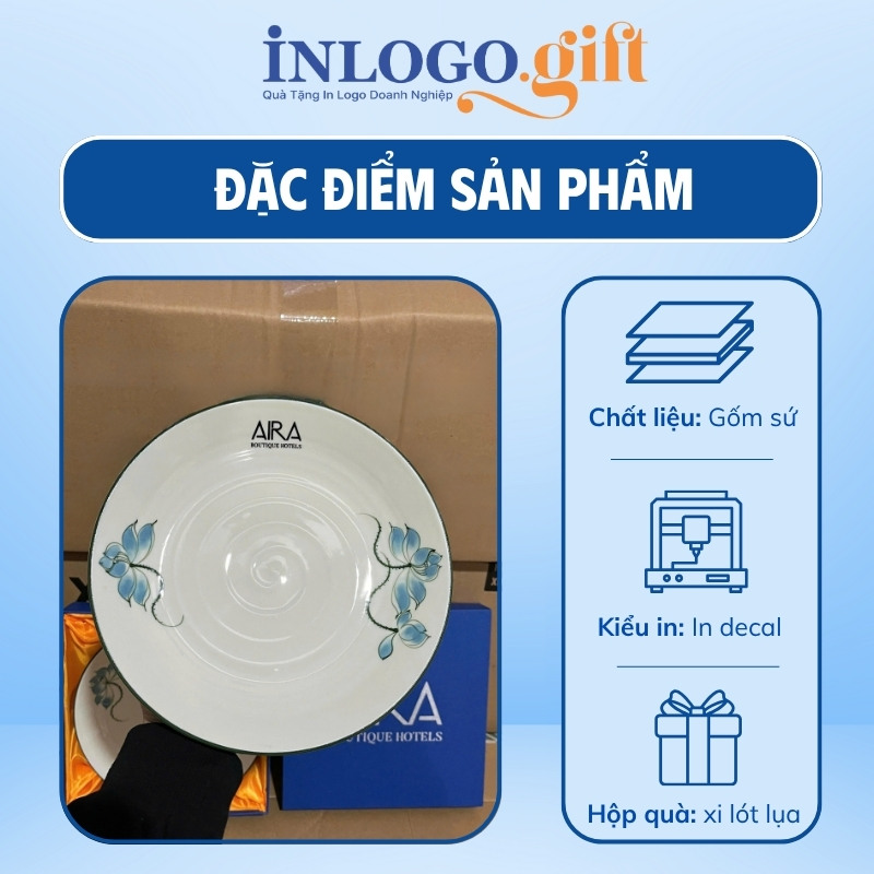 Đĩa sứ in logo tròn họa tiết hoa sen xanh men trắng 20cm ĐS-01