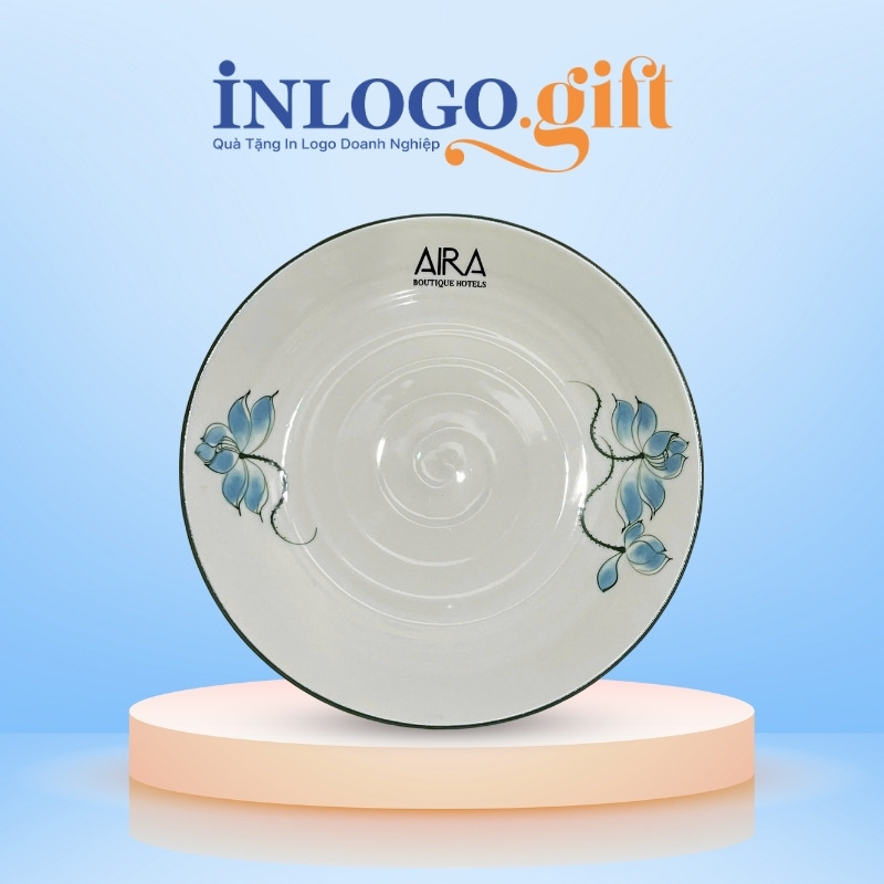Đĩa sứ in logo tròn họa tiết hoa sen xanh men trắng 20cm ĐS-01