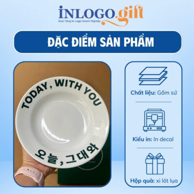 Đĩa sứ in logo tròn thương hiệu Minh Châu màu trắng 20cm ĐS-02