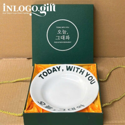 Đĩa sứ in logo tròn thương hiệu Minh Châu màu trắng 20cm ĐS-02