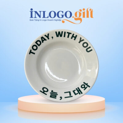 Đĩa sứ in logo tròn thương hiệu Minh Châu màu trắng 20cm ĐS-02