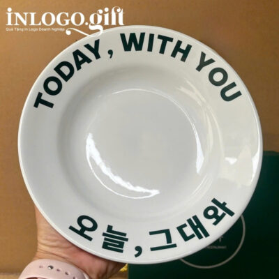 Đĩa sứ in logo tròn thương hiệu Minh Châu màu trắng 20cm ĐS-02